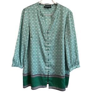 Jones New York Signature Blouse Medium Stretch Border Print Geometric Green